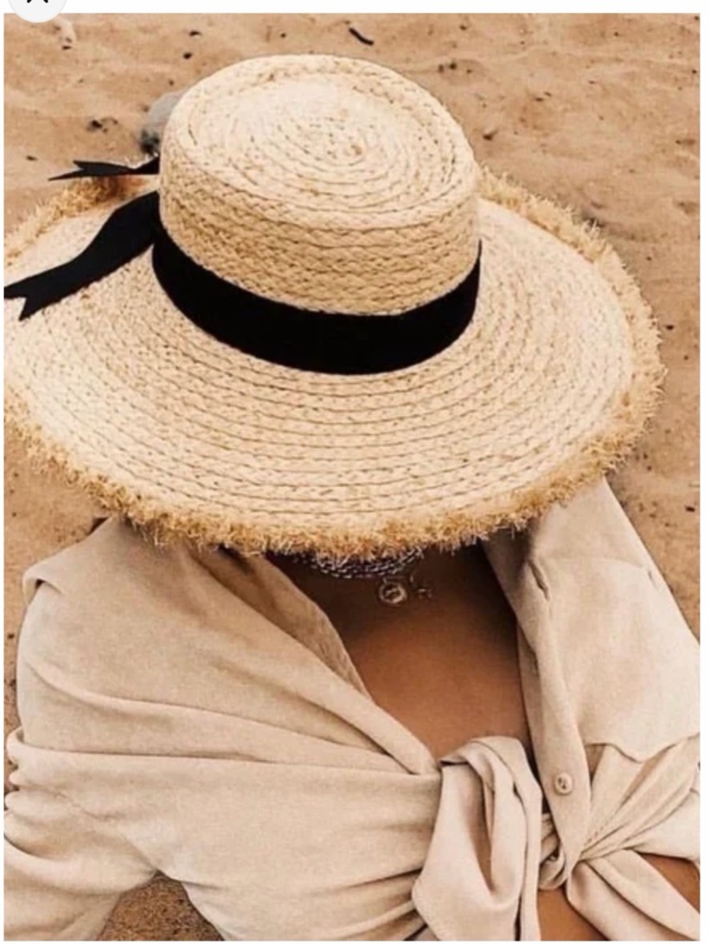Lack of color -Wide Brim Straw Sun Hat with Black Ribbon - Natural